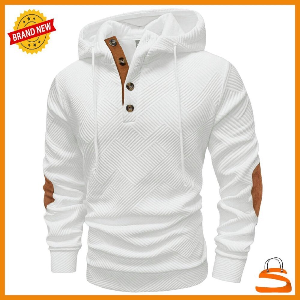 Men's Thermal Hoodie with Button Placket and Drawstring, Long Sleeve Pullover